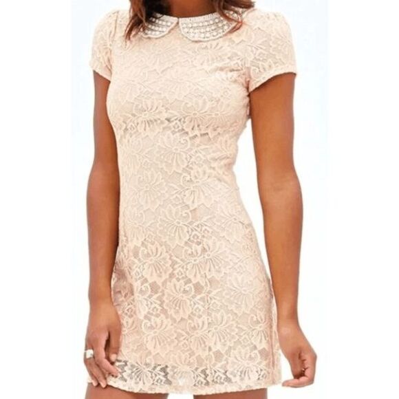 Forever 21 Women's Size Large Beige Pearl Beaded Lace A-Line Dress - Picture 4 of 8